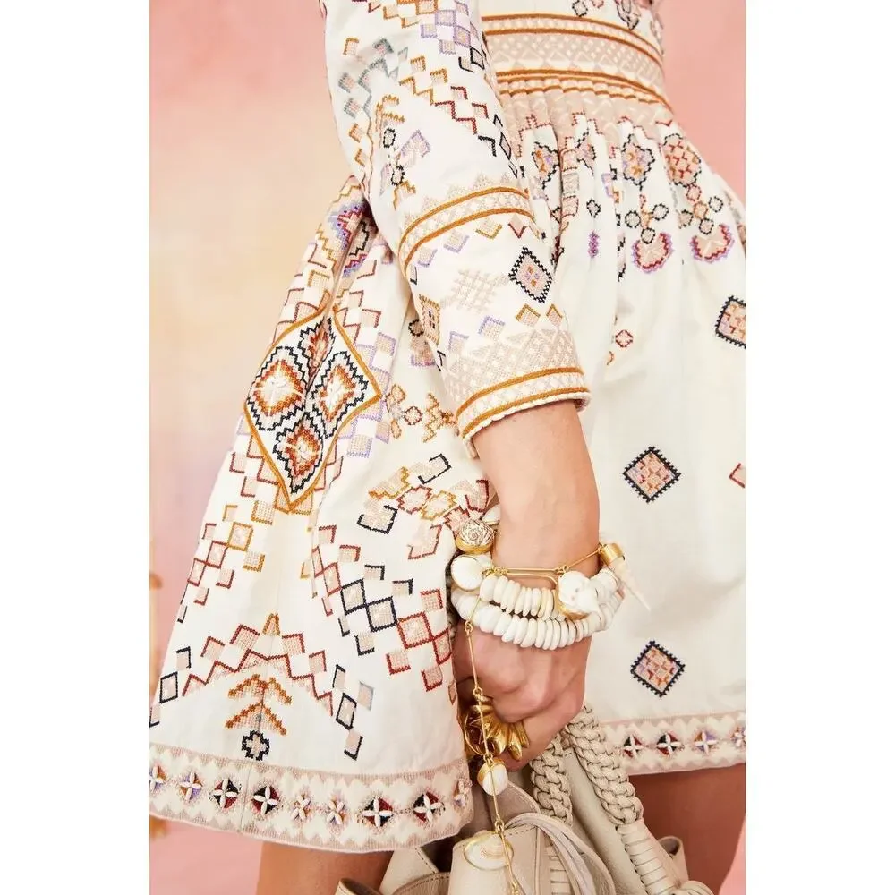 Ulla Johnson Adilah Beaded Embroidered Cotton Linen Mini Dress Ochre size 0